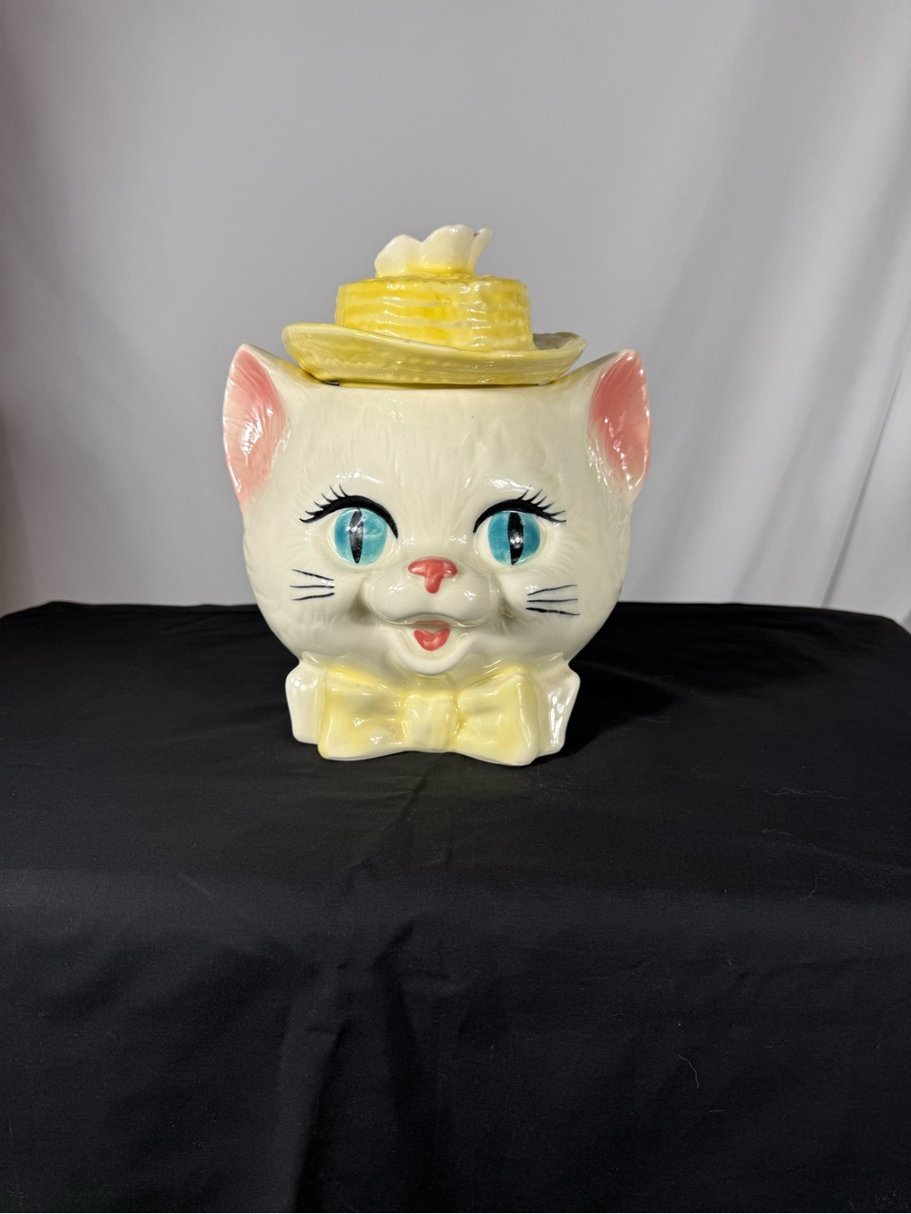 Vintage Metlox Style Cat Cookie Jar Yellow Hat Blue Eyes MCM 1960s Ceramic